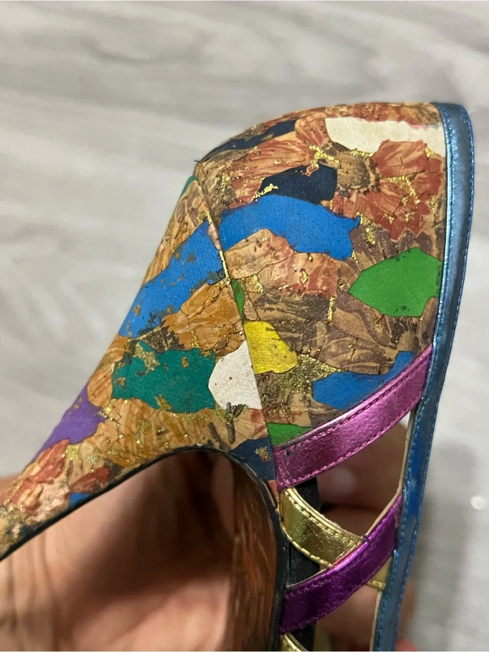 Adora Vintage Metallic Heels Strappy  Cork Mosaic Size 7 M  Colorful Shoes Y2K